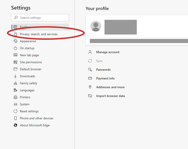 Navigate to Privacy, search and services options in Edge