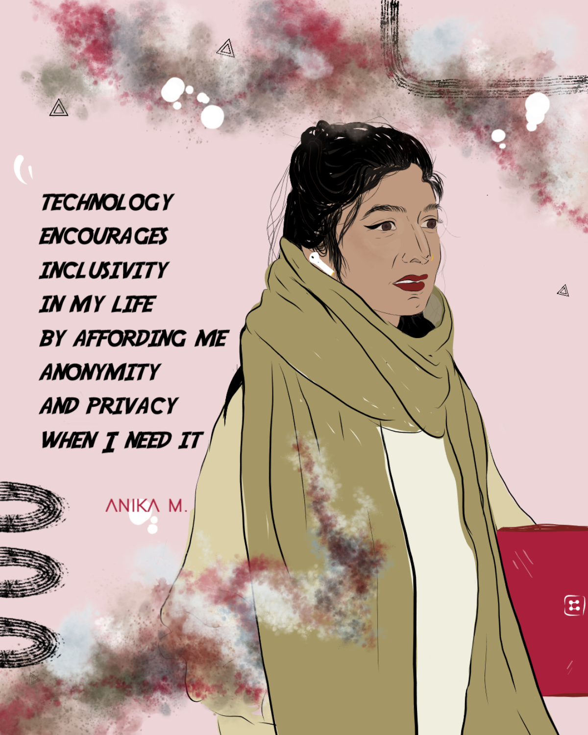 portrait of a woman on a red background with the quote