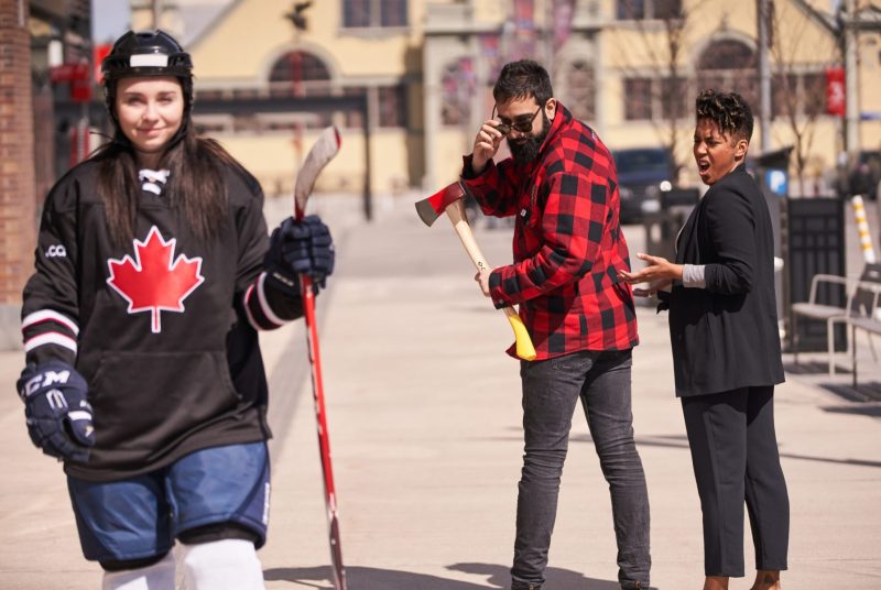 Lumberjack checks out hockey player