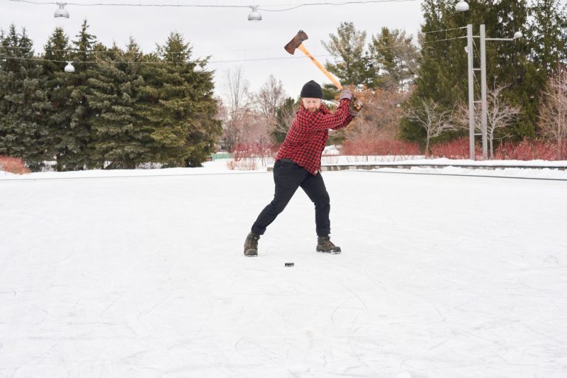 Lumberjack hacks away at the puck