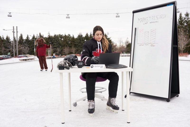 Hockey player prepares presentation while moose considers his life choices