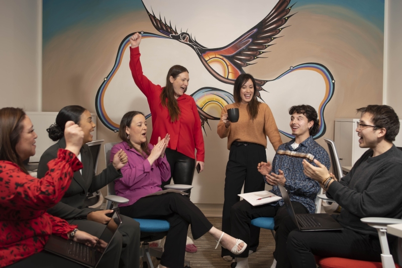 Group of colleagues having fun at a team meeting